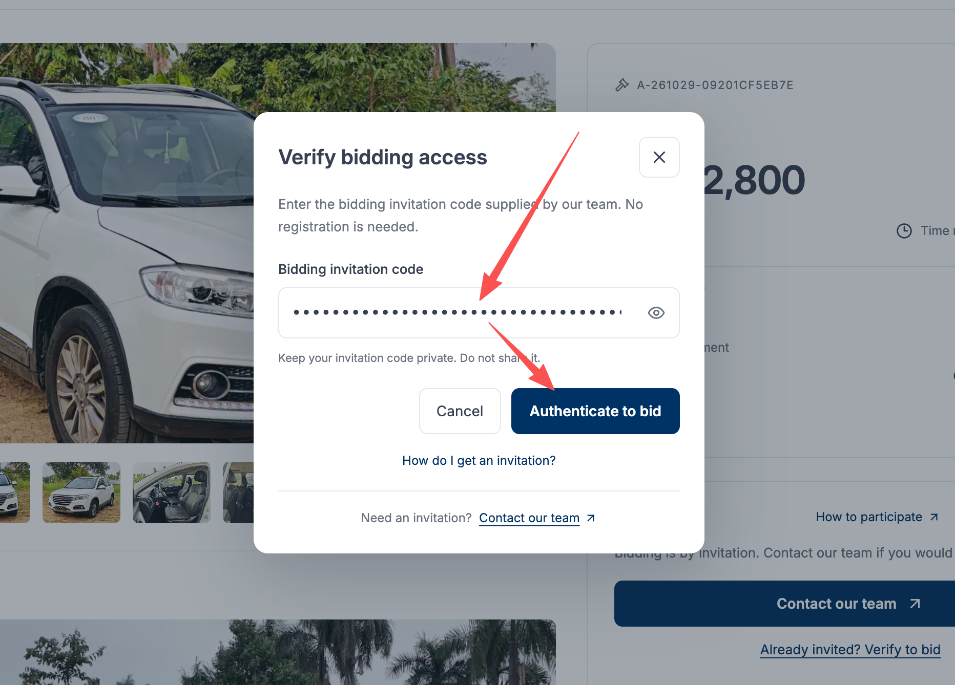 Enter the invitation code supplied by our team and click “Authenticate to bid”.