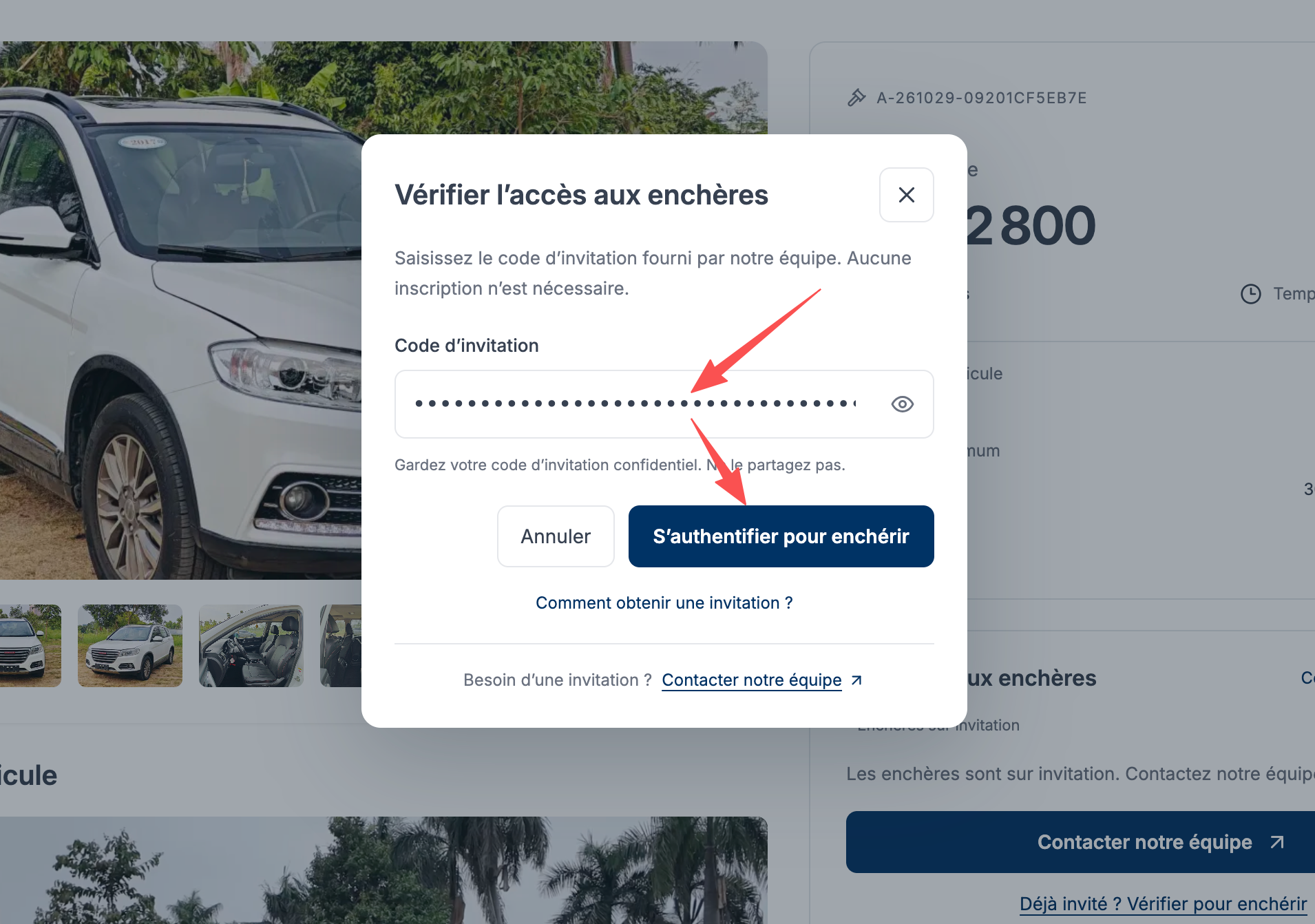 Saisissez le code fourni par notre équipe et cliquez sur « S’authentifier pour enchérir ».